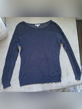 Roz & Ali Navy Open-Knit Crew Sweater with Metallic Accents